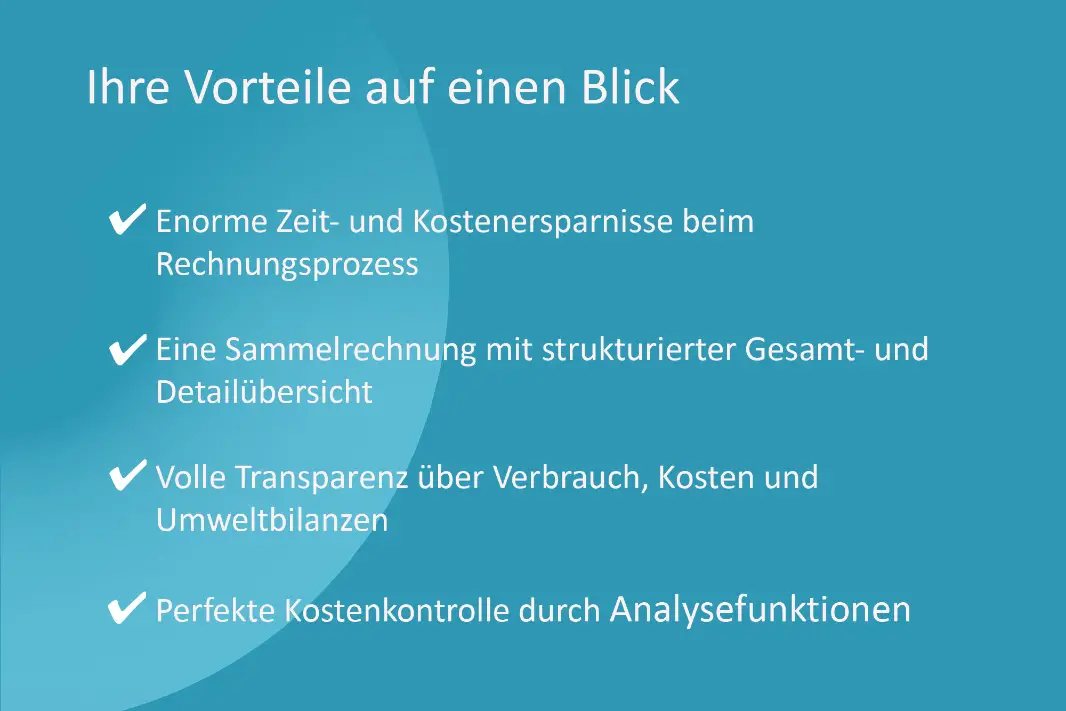 Unser Abrechnungsservice übernimmt alle Aufgaben der Rechnungsprüfung und -bearbeitung und führt alle Rechnungen in einer Sammelrechnung zusammen. Zusätzlich aus den Rechnungsdaten und weiteren Unternehmensdaten individuelle Reports generiert werden. 