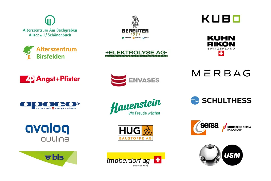 Logos von verschiedenen Unternehmen, darunter Alterszentrum Am Bachgraben, Bereuter, Kubo, Alterszentrum Birsfelden, Elektrolyse AG, Kuhn Rikon, Angst+Pfister, Envases, Merbag, Apaco, Hauenstein, Schulthess, Avaloq, Hug Baustoffe AG, Sersa, BLS, Imoberdorf AG und USM.