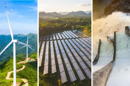 Eine dreiteilige Darstellung erneuerbarer Energiequellen: Links Windkraftanlagen in einer hügeligen Landschaft; in der Mitte ein grosses Feld mit Solarpaneelen, umgeben von Wald und Bergen im Hintergrund; rechts ein Wasserkraftwerk mit tosendem Wasser.