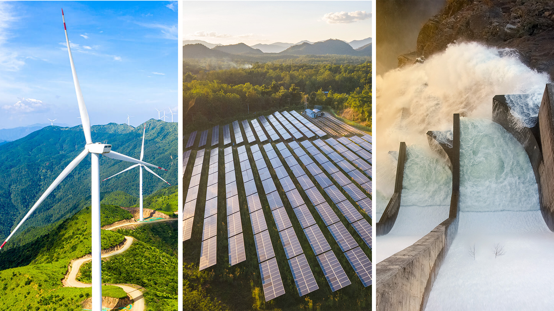 Eine dreiteilige Darstellung erneuerbarer Energiequellen: Links Windkraftanlagen in einer hügeligen Landschaft; in der Mitte ein grosses Feld mit Solarpaneelen, umgeben von Wald und Bergen im Hintergrund; rechts ein Wasserkraftwerk mit tosendem Wasser.